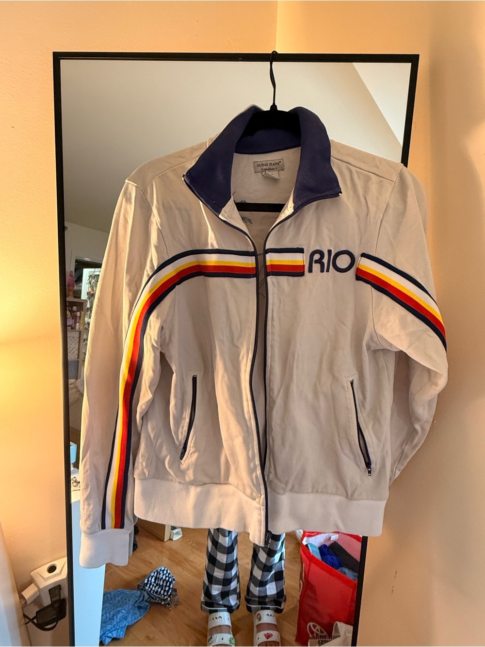 Guess White Jacket with Navy Collar and Rainbow Stripe Detail